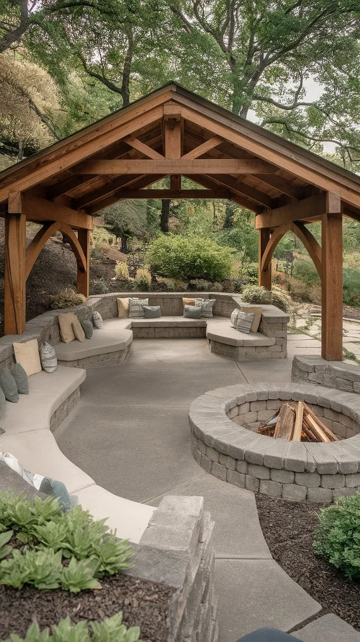 This dream backyard boasts a unique patio design, complete with a rustic wooden patio roof and built-in seating perfect for cozy evenings.  The sloped patio, concrete flooring, and fire pit add to the charm, showcasing exceptional home exterior design and outdoor decor. This backyard makeover is a testament to the artistry of unique patios.