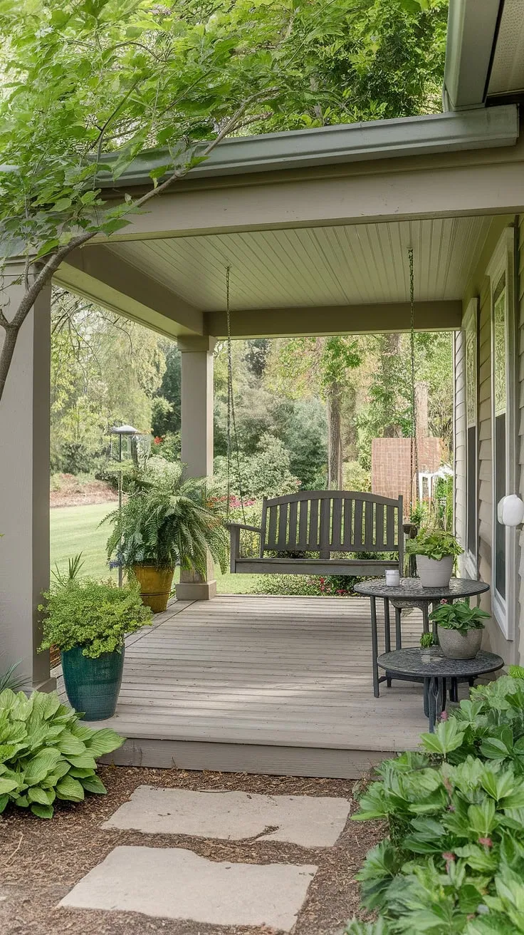 Escape to this tranquil back porch, perfectly shaded by a charming patio roof.  The outdoor decor, from the potted plants to the cozy swing, creates a dream backyard haven. This backyard makeover showcases unique patios and exceptional home exterior design, a true testament to thoughtful patio design.