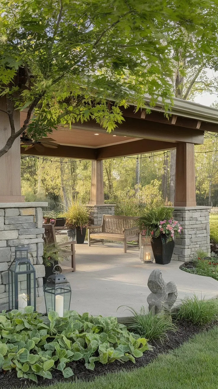 Escape to tranquility in this dream backyard.  The unique patio design, complete with a charming patio roof supported by stone pillars, offers the perfect blend of outdoor living and home exterior design.  Every detail, from the carefully chosen outdoor decor to the lush greenery, contributes to this backyard makeover's serene atmosphere. This back porch is more than just a space; it's an invitation to unwind.