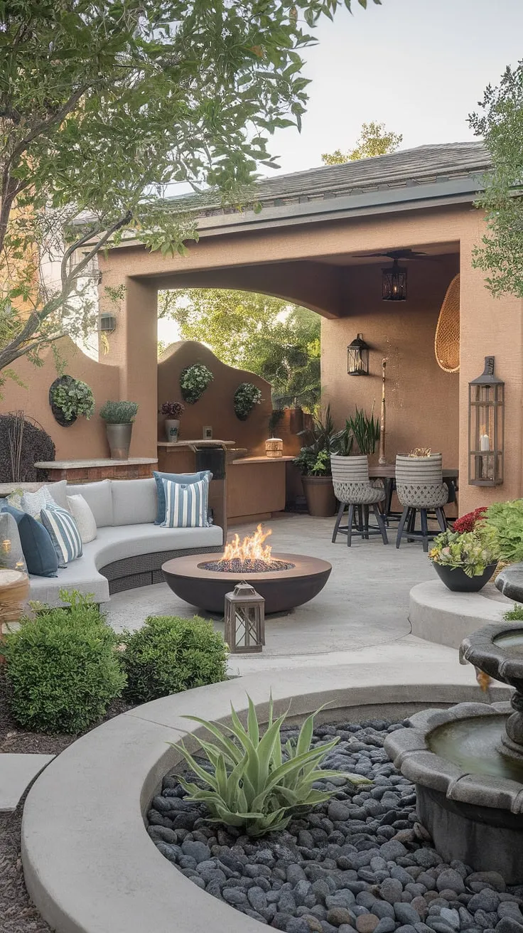 Imagine evenings spent under this patio roof, fire crackling in the pit, surrounded by the serene beauty of your dream backyard. This unique patio design, complete with comfortable seating and a dining area, is the ultimate back porch escape.  The thoughtful home exterior design and carefully curated outdoor decor create a truly captivating space.