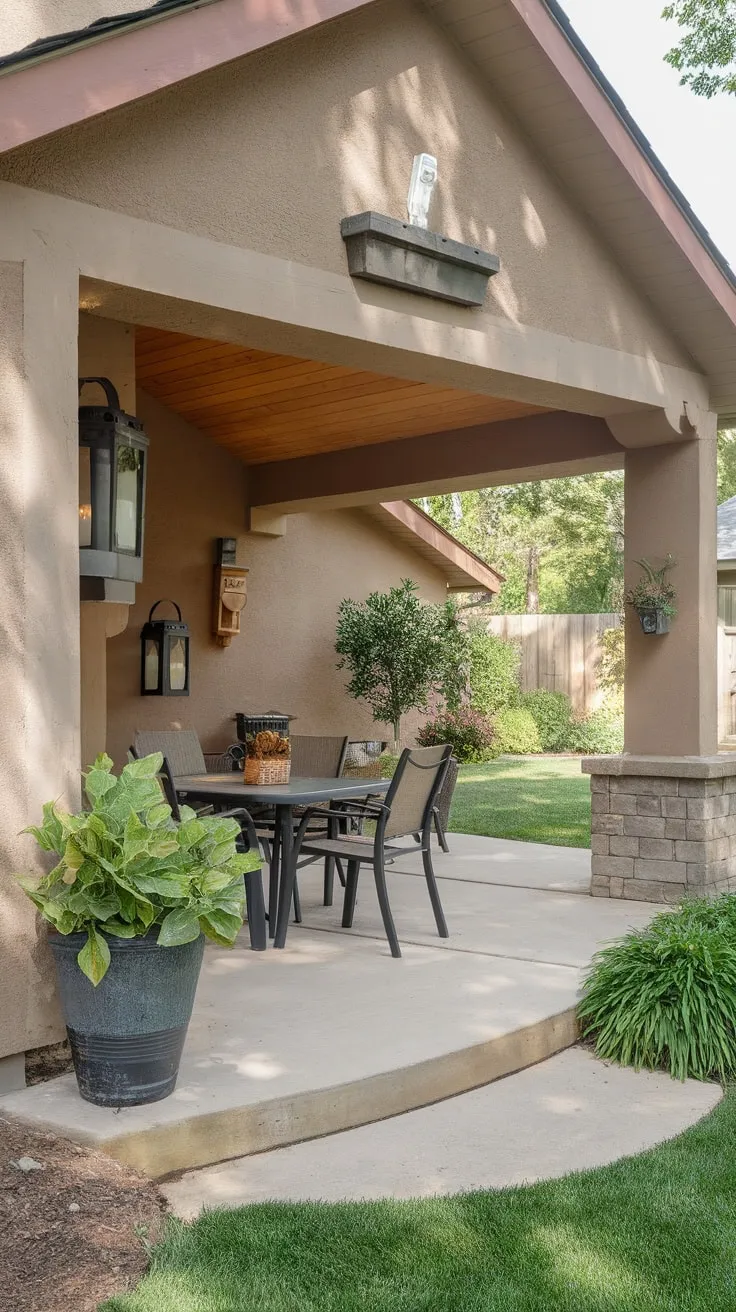 Stylish Concrete Patio Retreat with Lush Greenery