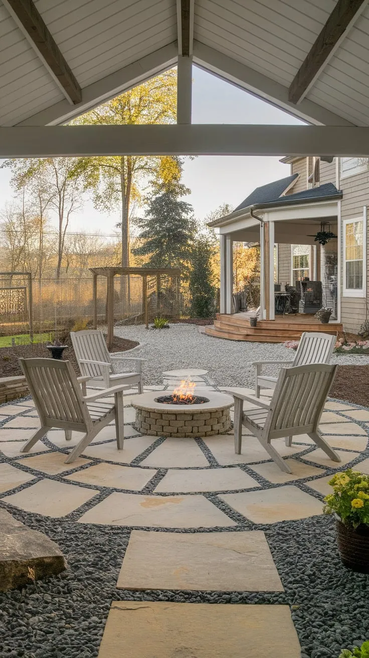 Cozy Stone Patio Retreat with Fire Pit and Nature's Touch