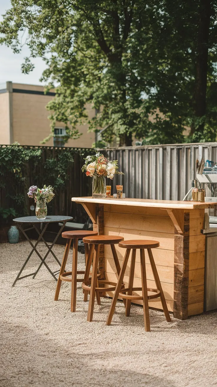 A charming backyard bar crafted from wood offers a relaxing outdoor space