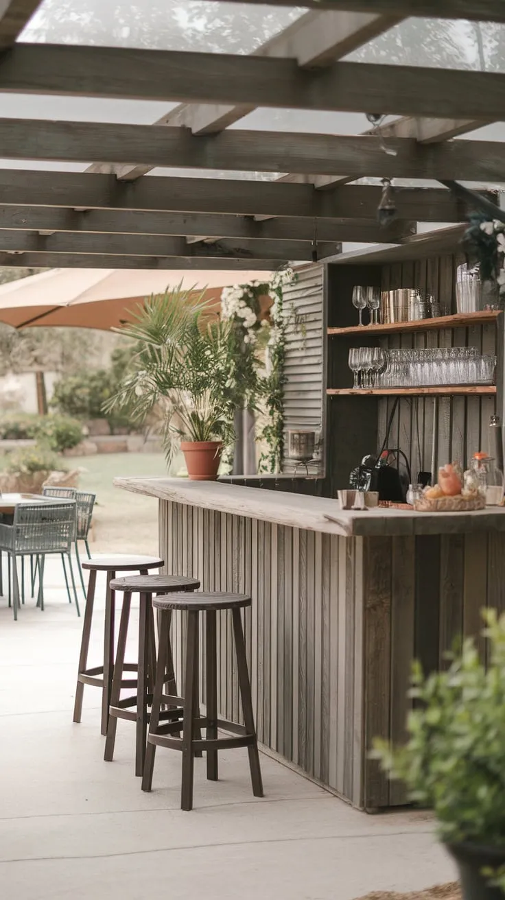 A wooden backyard bar creates a charming outdoor space ideal for casual gatherings.