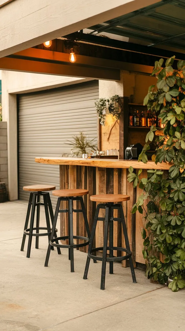 Warm lighting illuminates a backyard bar's inviting wooden counter and stools, creating a cozy outdoor space