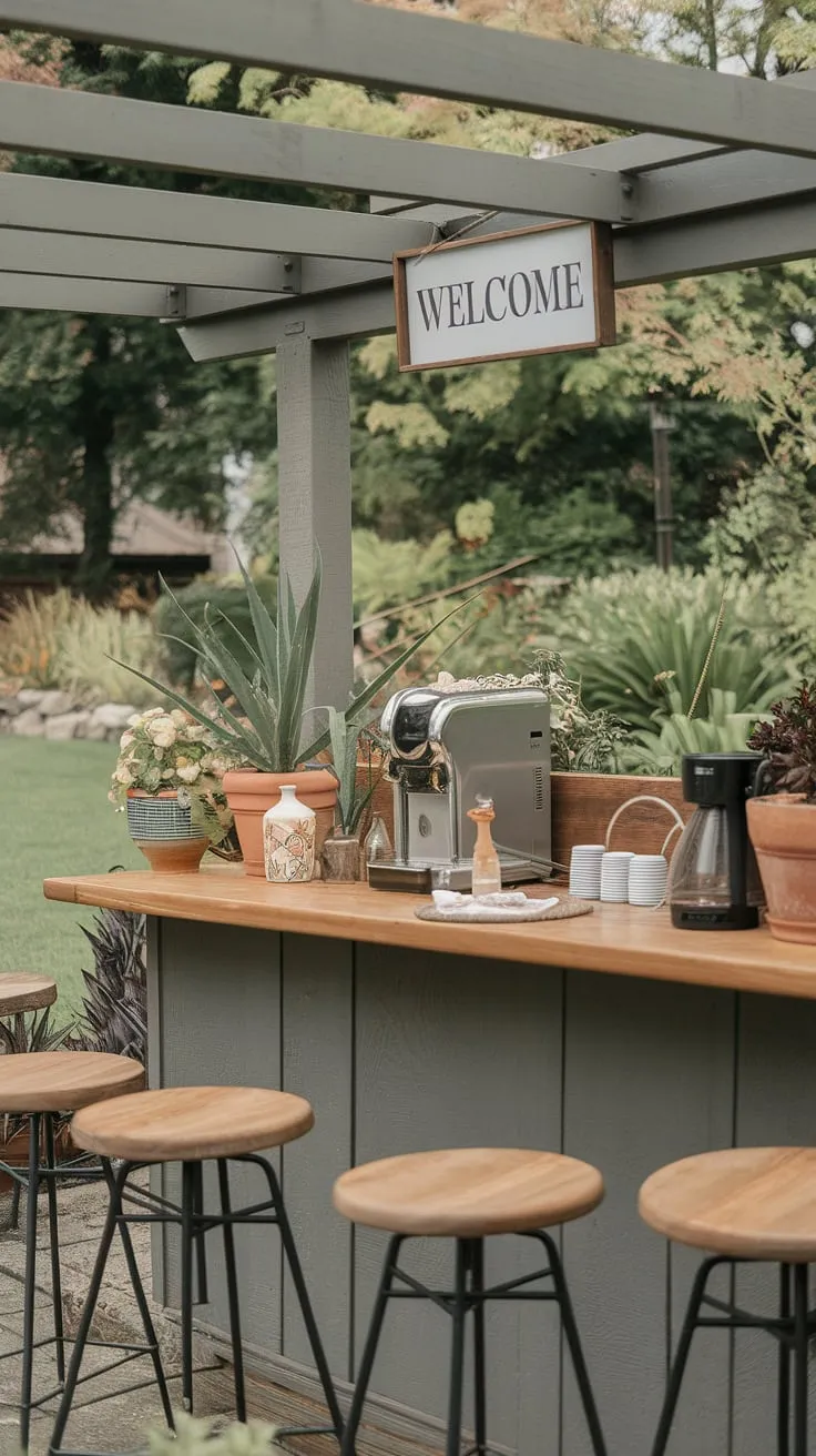 A welcoming backyard bar, shaded by a pergola, offers drinks and relaxation amidst a vibrant garden.
