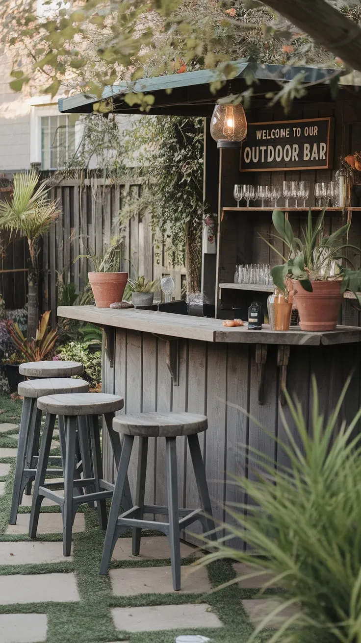 An inviting backyard oasis features a charming wooden outdoor bar, complete with potted plants and a welcoming sign.