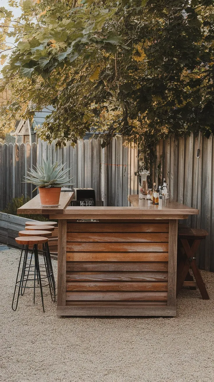 This outdoor bar features a wooden design, slatted base, and stools, creating a perfect backyard getaway.