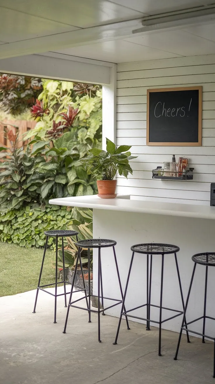 White countertops and a few stools create a welcoming outdoor entertaining space.