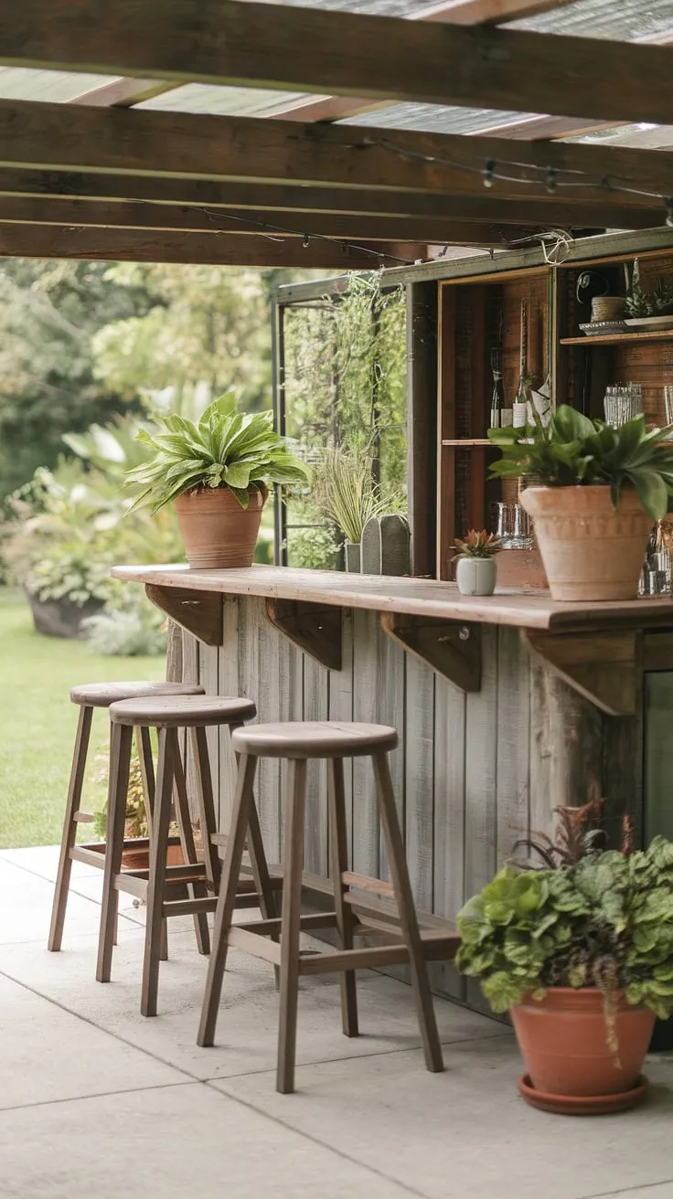Rustic wooden backyard bar, adorned with plants, offers a tranquil escape in a lush garden setting.