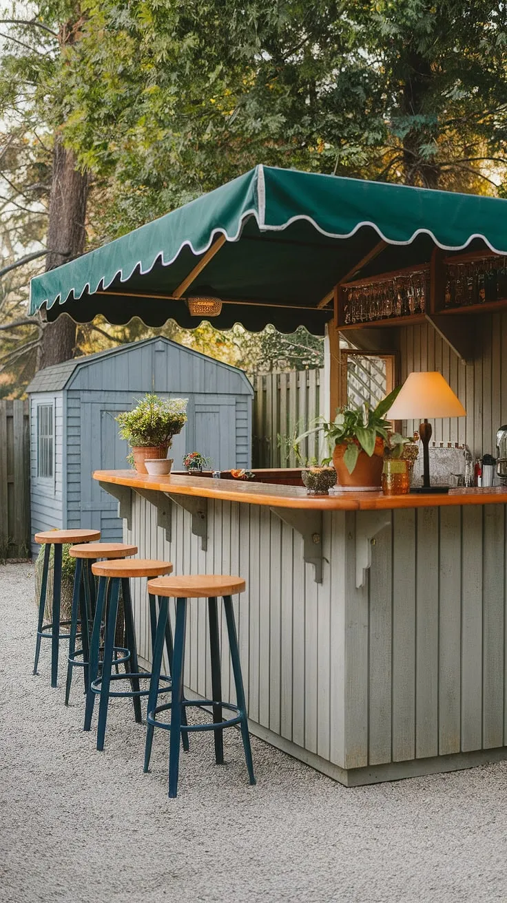 A cozy backyard bar offers a relaxing outdoor drinking space.