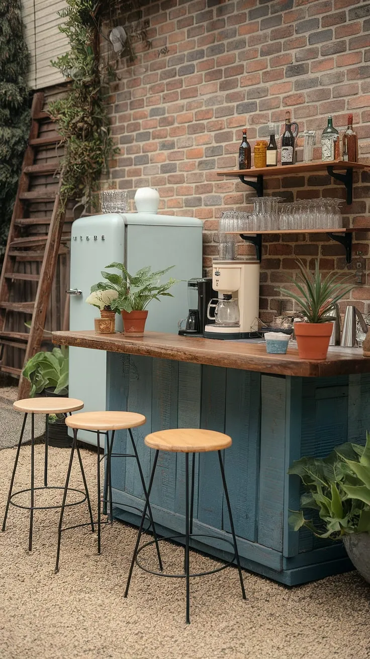 A charming backyard bar, complete with vintage appliances and potted plants, offers a relaxed outdoor entertaining space