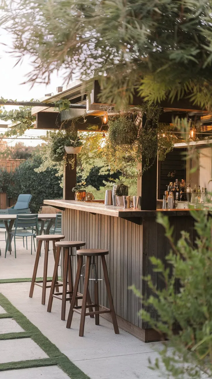 A cozy wooden outdoor bar nestled in greenery offers a relaxing patio retreat.