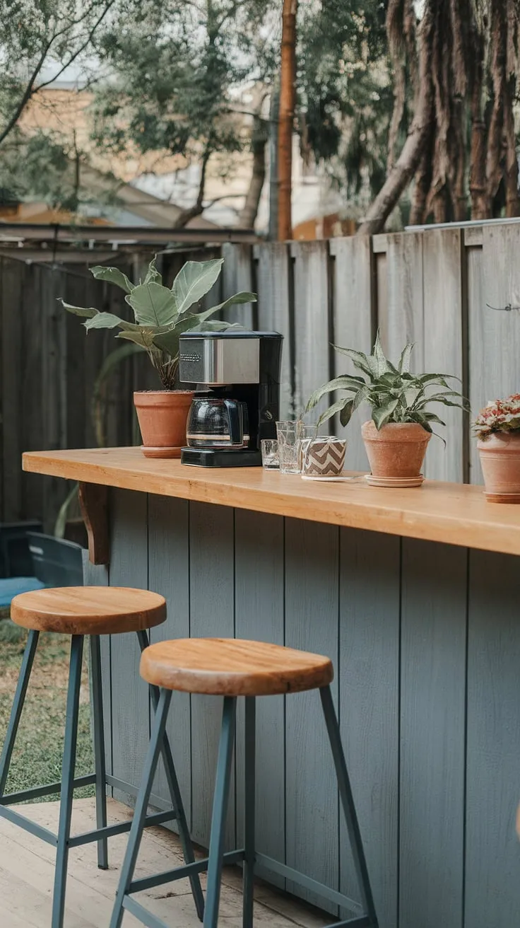 A charming outdoor bar awaits, complete with coffee and plants.