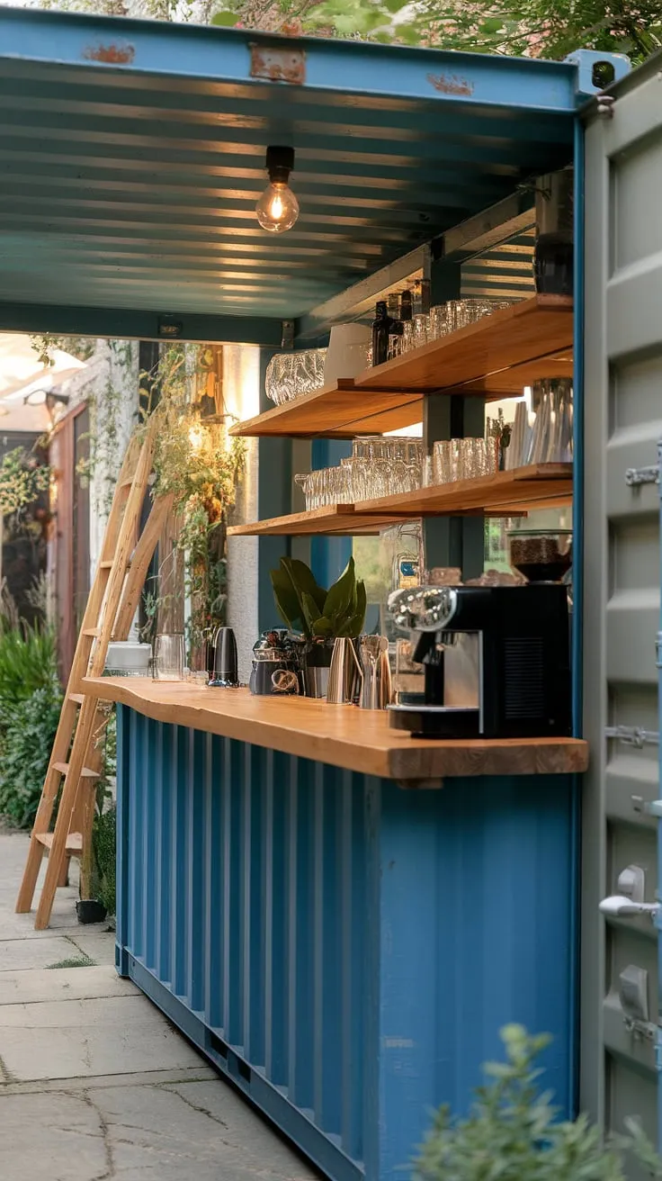 A repurposed shipping container transforms a lush backyard into a charming, inviting bar area