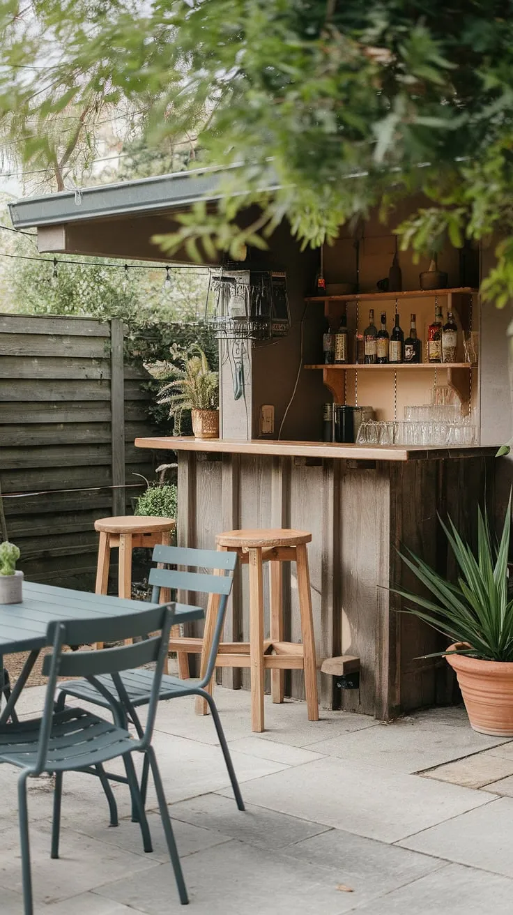 A charming backyard bar offers a cozy outdoor entertaining space