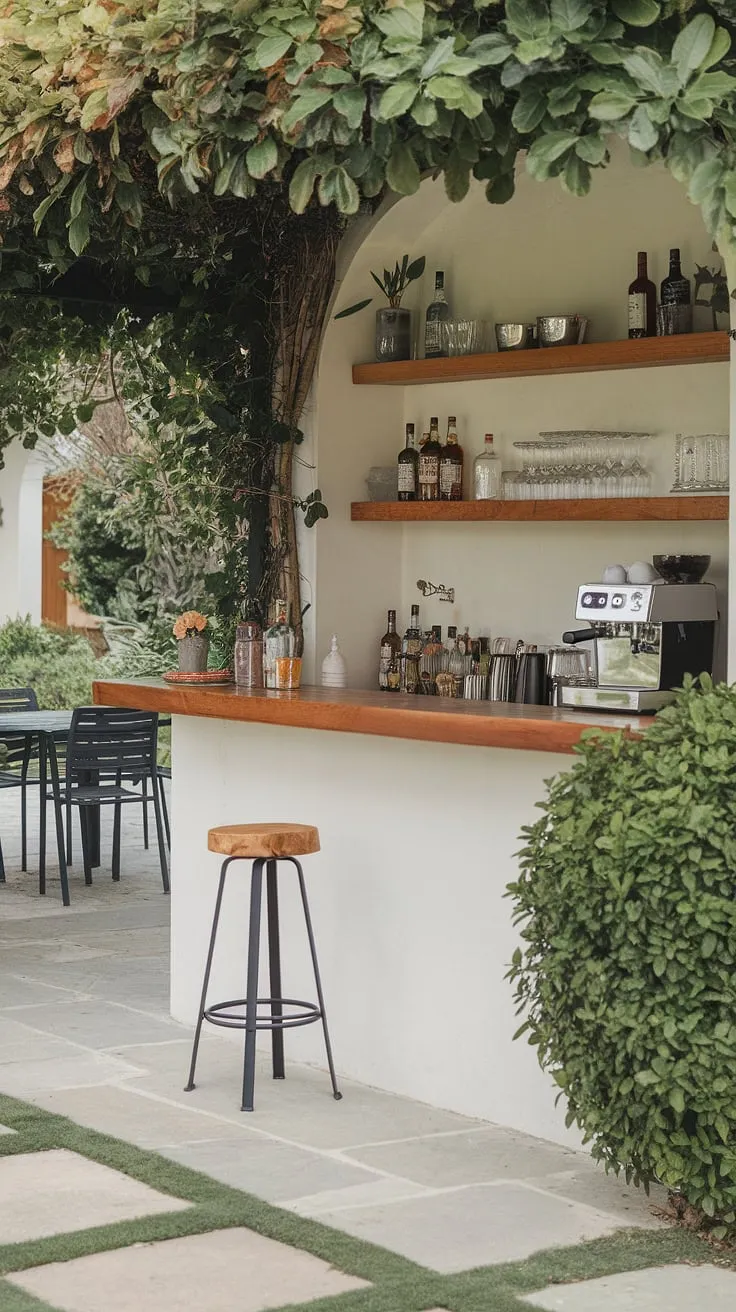 A backyard oasis features a charming bar, complete with drinks and a coffee machine, nestled amongst greenery and a stone patio.
