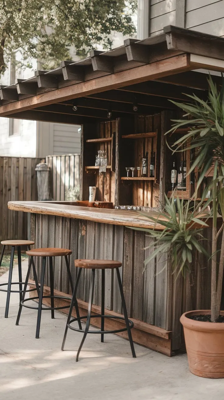 A charming wooden backyard bar, complete with stools and a potted plant, offers a tranquil outdoor drinking space