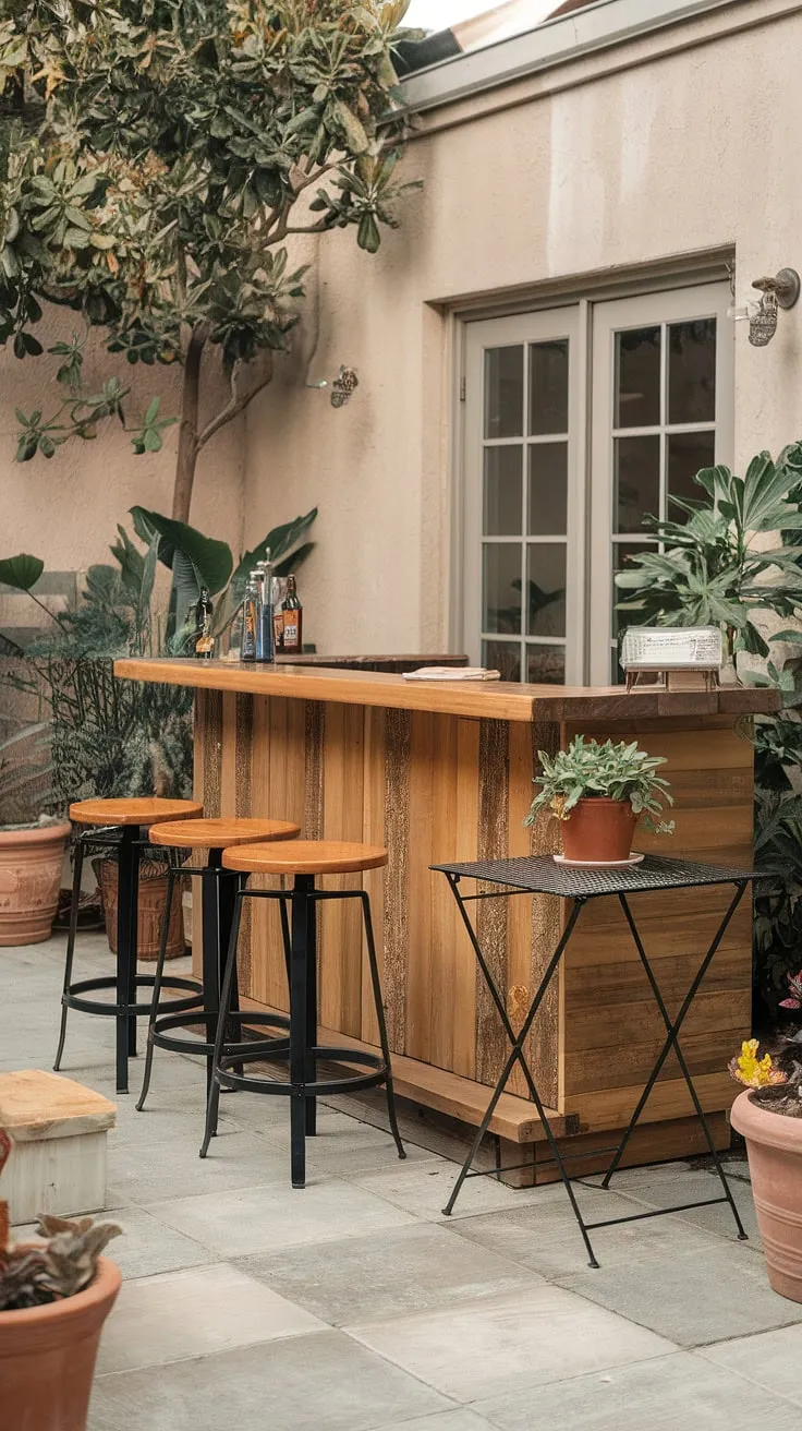 An inviting outdoor bar, complete with potted plants, creates a perfect backyard oasis.