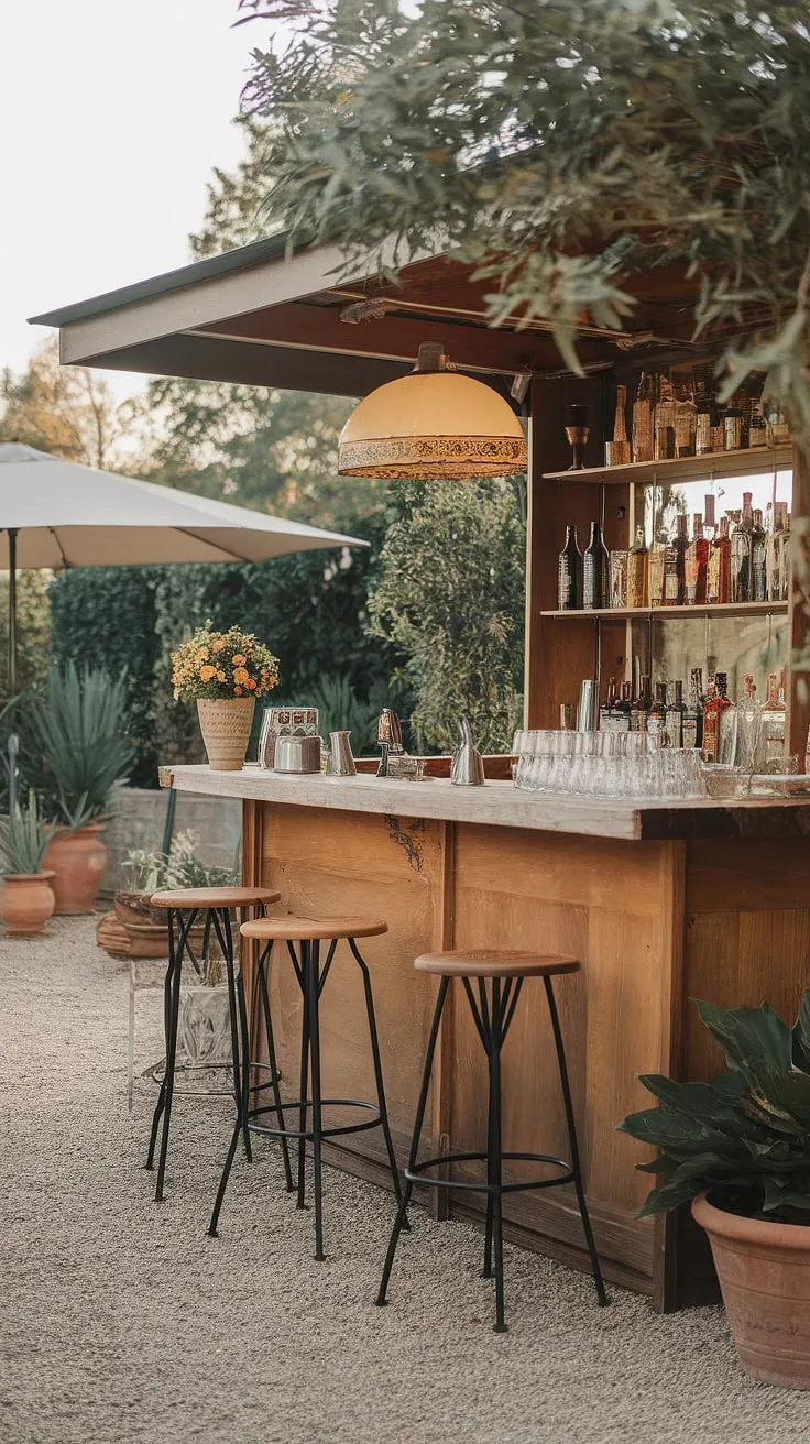A charming backyard bar, stocked and ready for al fresco enjoyment