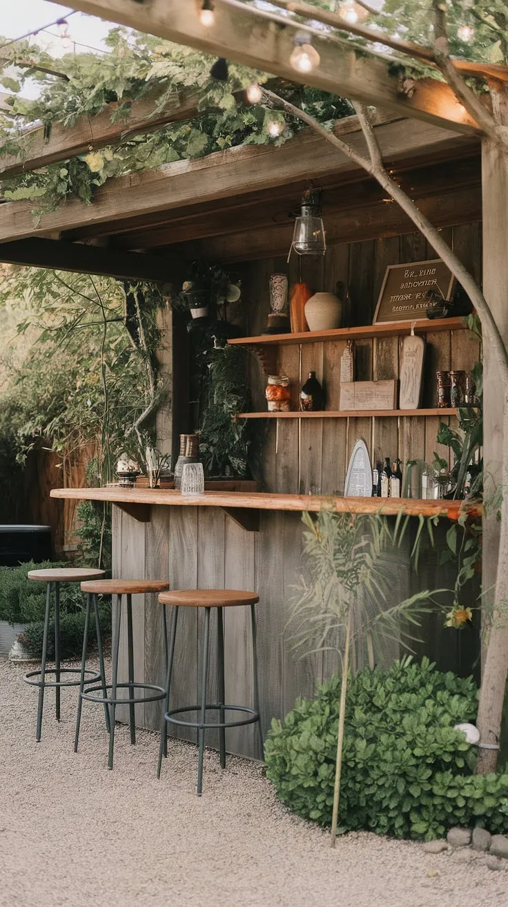 A wooden bar, adorned with plants and personal touches, creates a peaceful backyard oasis.