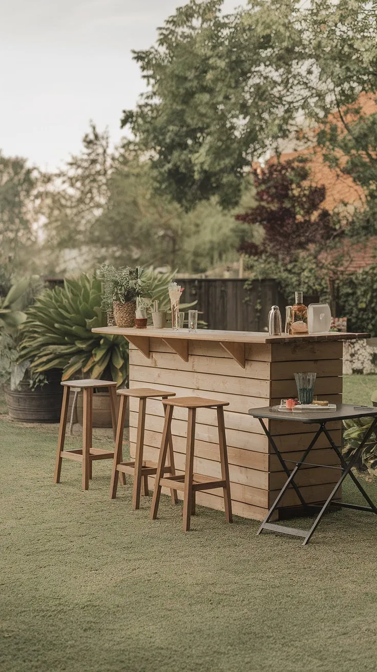 Enjoy a serene outdoor setting featuring a simple wooden bar perfect for relaxation.