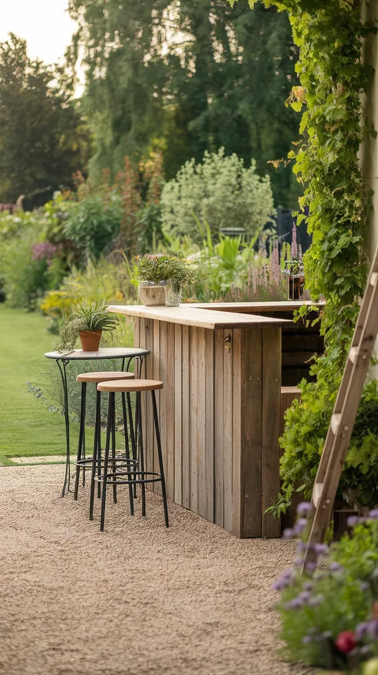 Rustic wooden backyard bar, nestled in a lush garden, offers a tranquil escape.