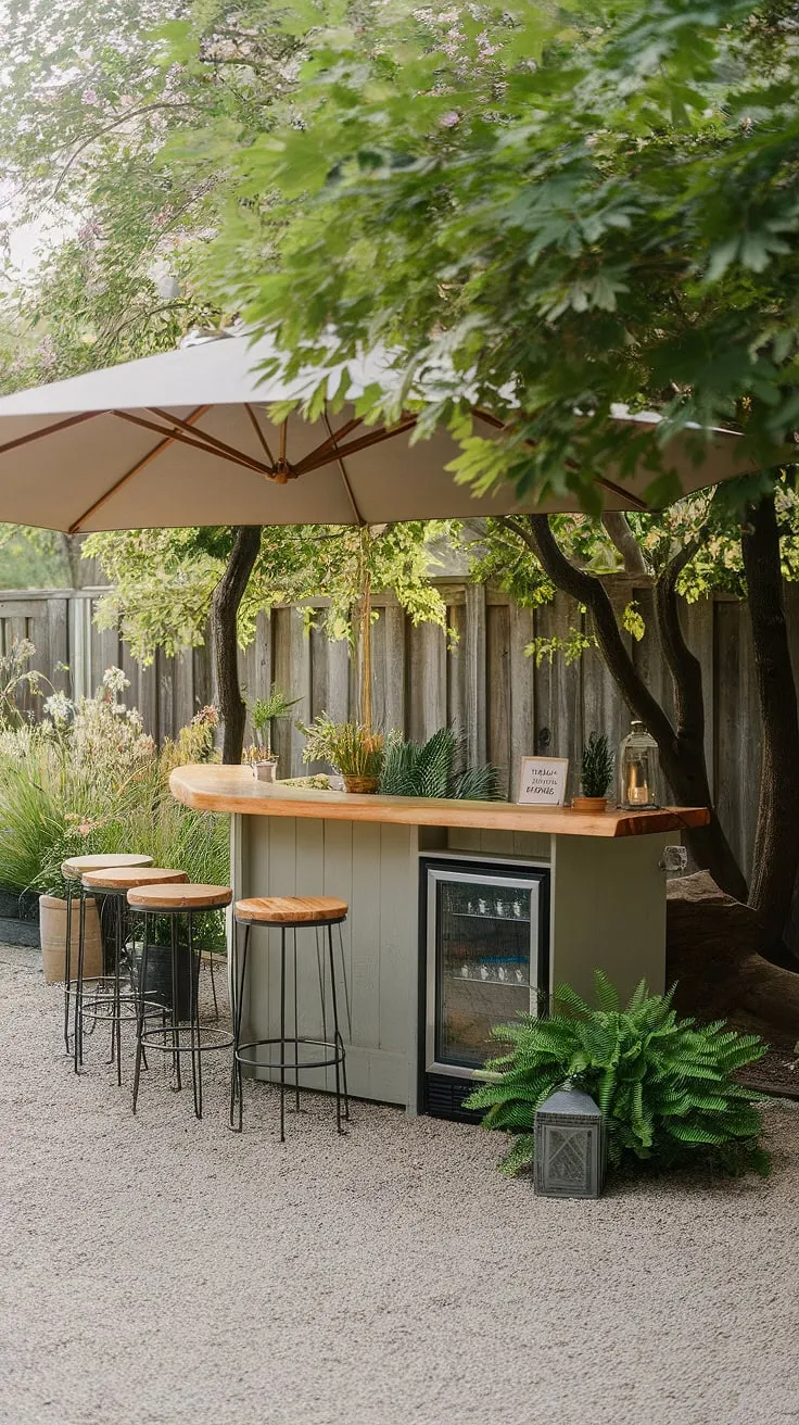 Escape to a tranquil backyard oasis featuring a charming wooden bar nestled amongst lush greenery