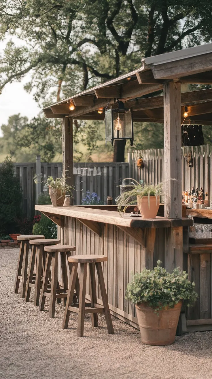 A charming wooden outdoor bar, bathed in soft light, creates a peaceful backyard oasis.