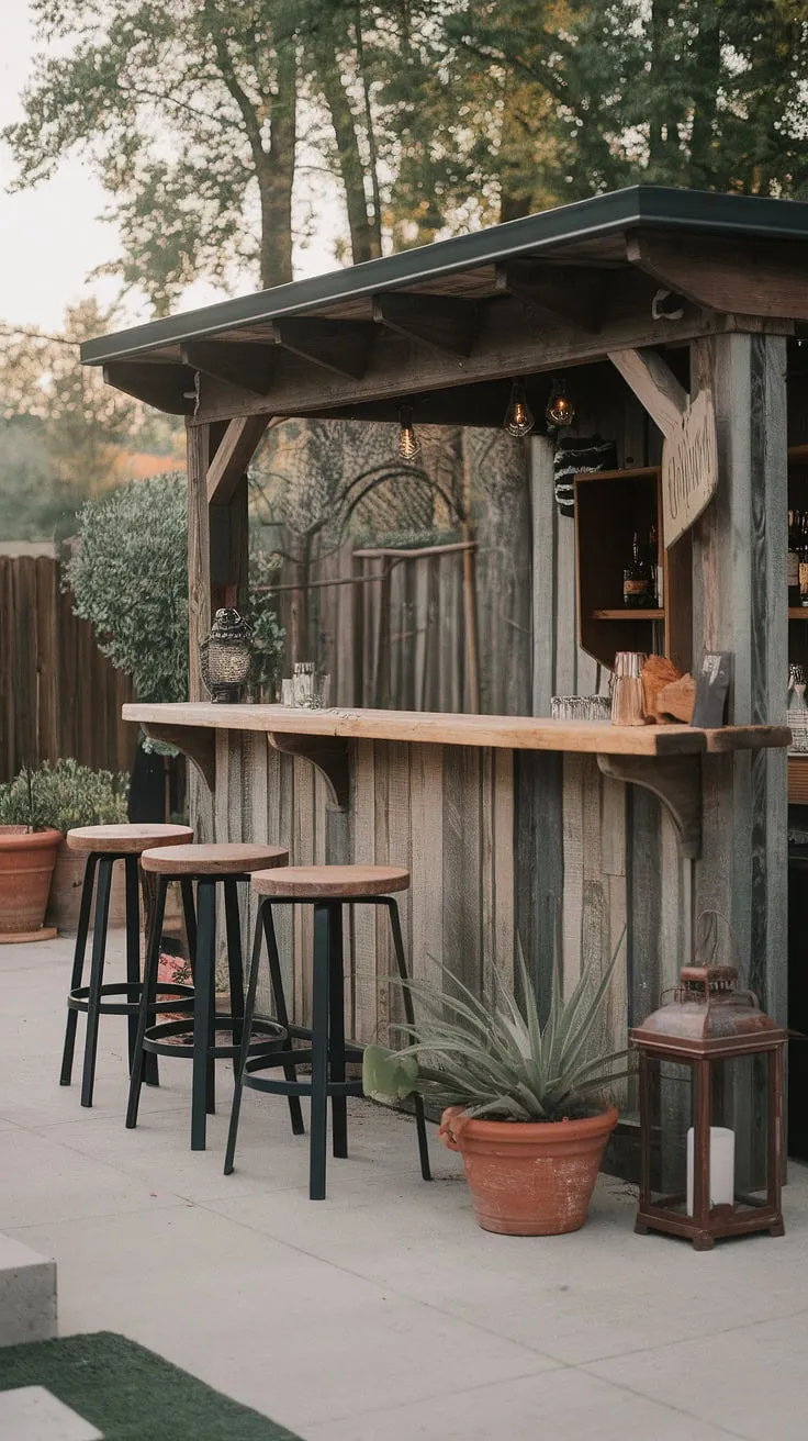Rustic wooden backyard bar, complete with stools, plants, and lanterns, creates a serene outdoor oasis.
