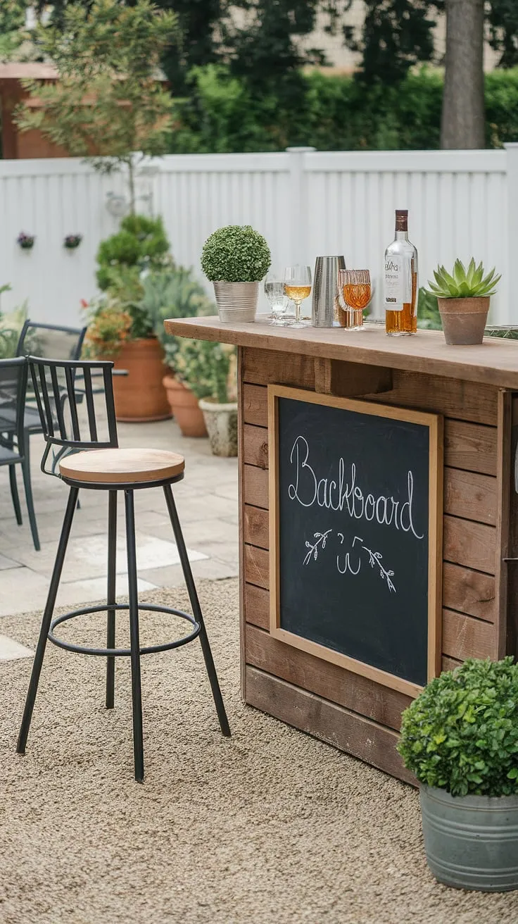 Relax in a charming backyard oasis complete with a rustic wooden bar, ready for drinks and good company.