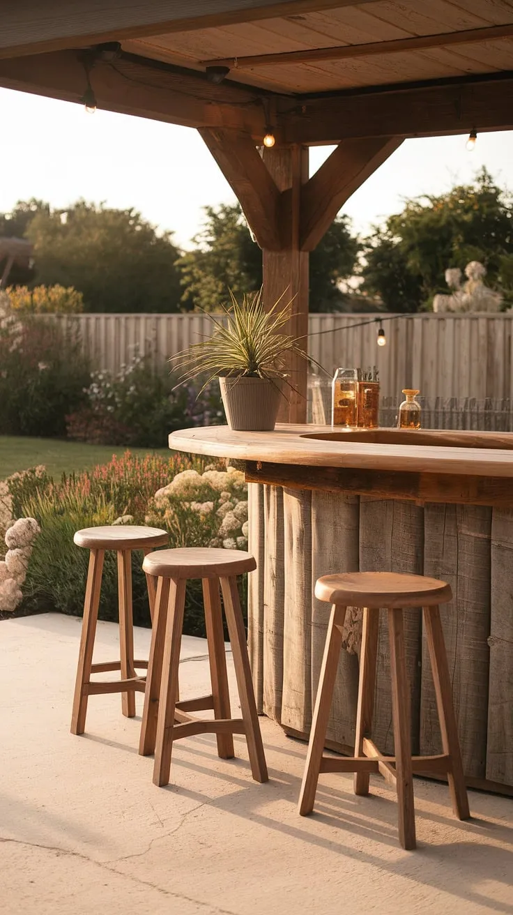 Rustic wooden backyard bar, bathed in warm light, overlooks a tranquil garden.