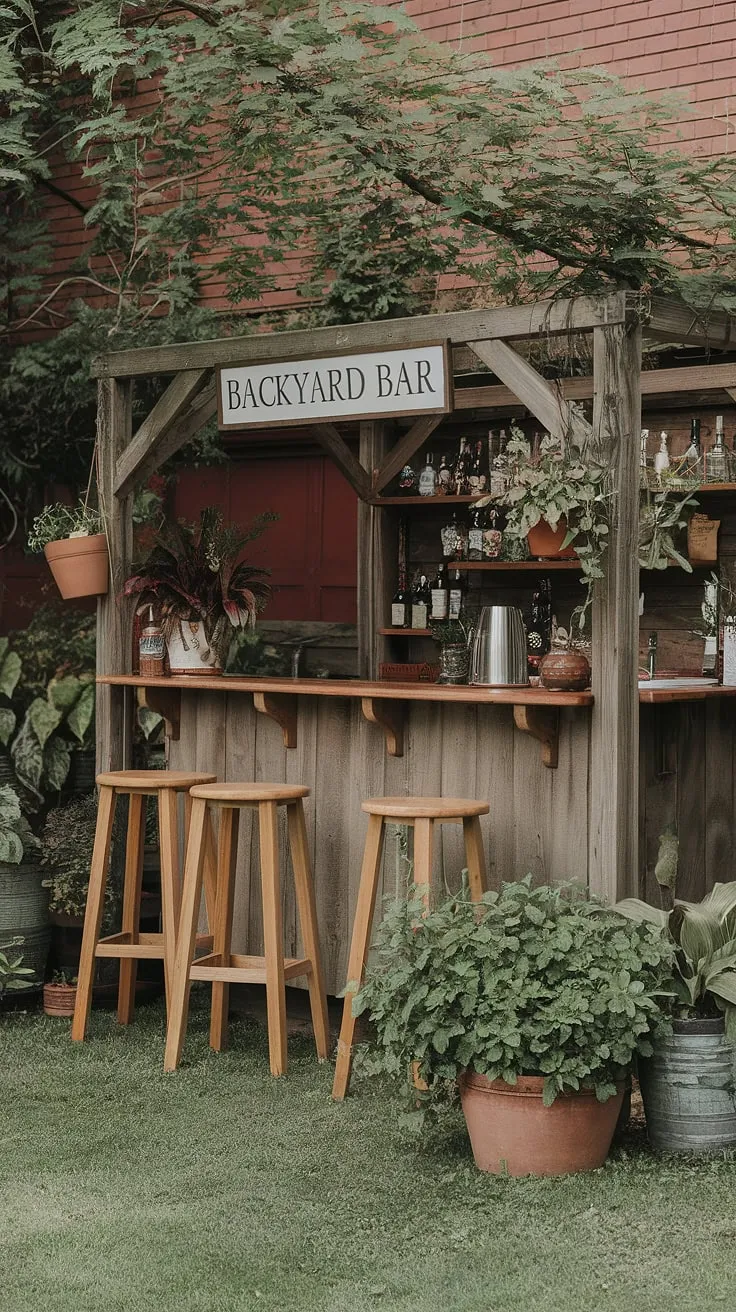 A charming backyard bar, nestled in a vibrant garden against a red brick wall, offers a tranquil escape.