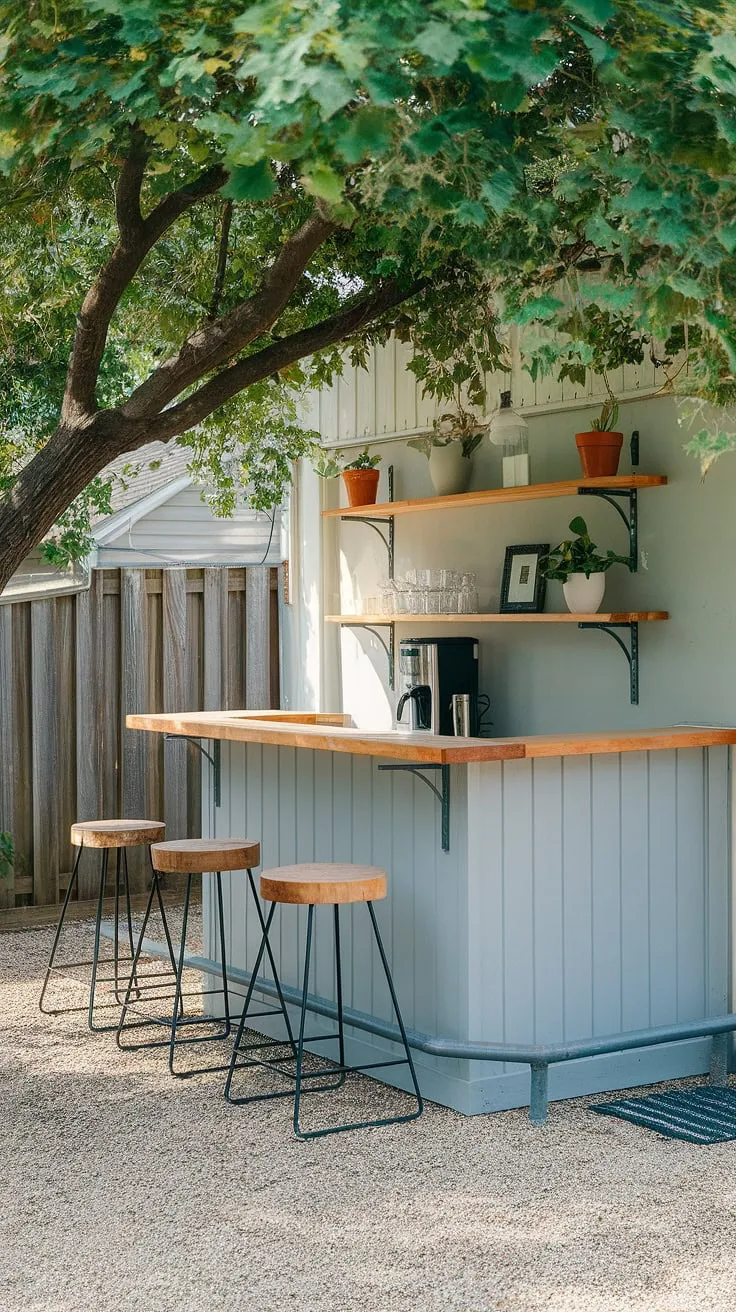 A cozy outdoor bar nestled under a tree offers a tranquil escape in a small gravel backyard.