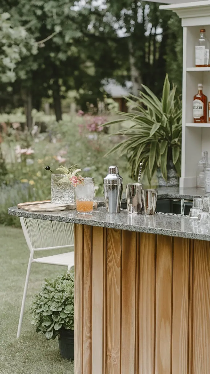 A lush garden backdrop complements a backyard bar boasting granite countertops, stocked shelves, and inviting seating.