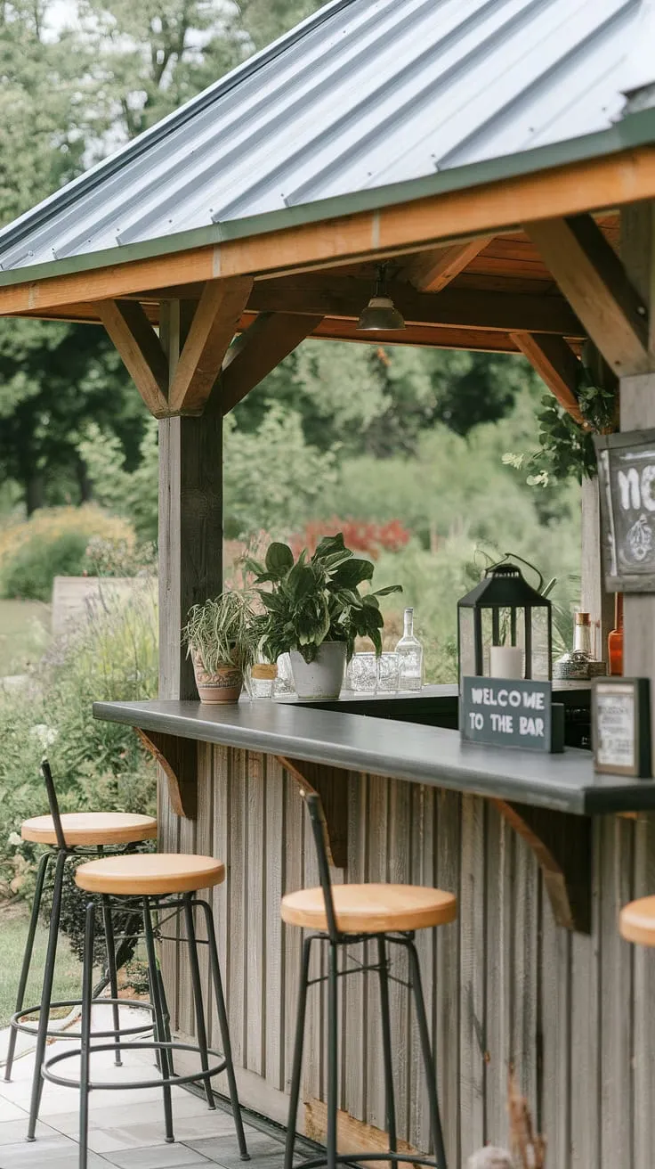 A charming backyard bar, crafted from wood and metal, offers a welcoming oasis amidst vibrant greenery.