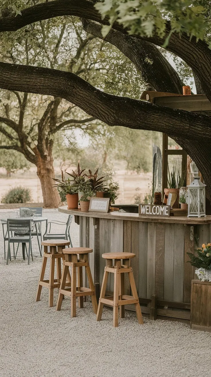 A welcoming backyard bar offers a tranquil retreat under the shade of a large tree.