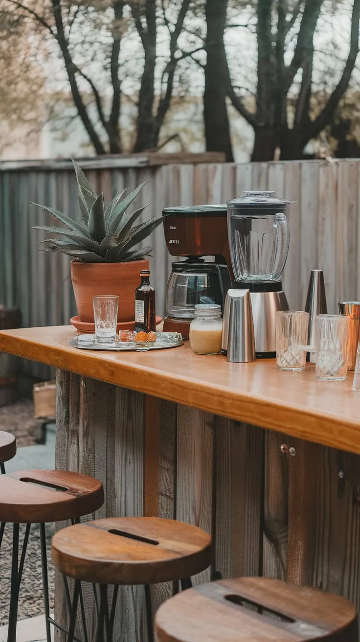 This inviting outdoor bar features a charming setup perfect for crafting cocktails and enjoying the backyard ambiance.