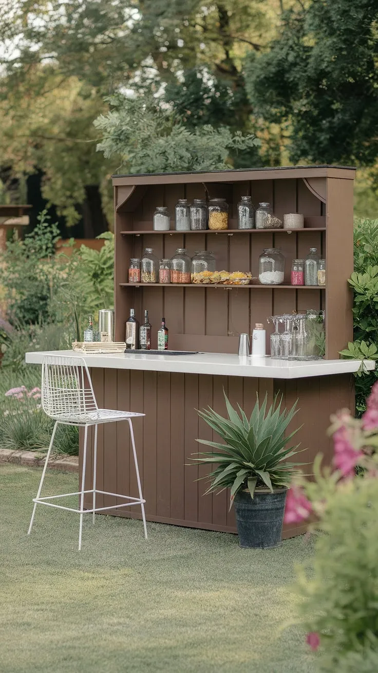 A charming backyard bar, crafted from brown wood and white countertops, sits nestled amongst lush greenery.