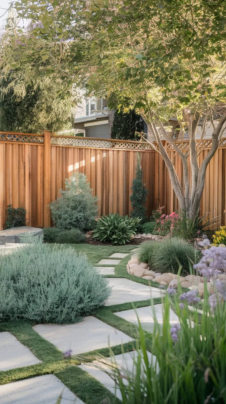 Sunlight illuminates a vibrant backyard garden enclosed by a wooden fence, leading to a charming structure beyond