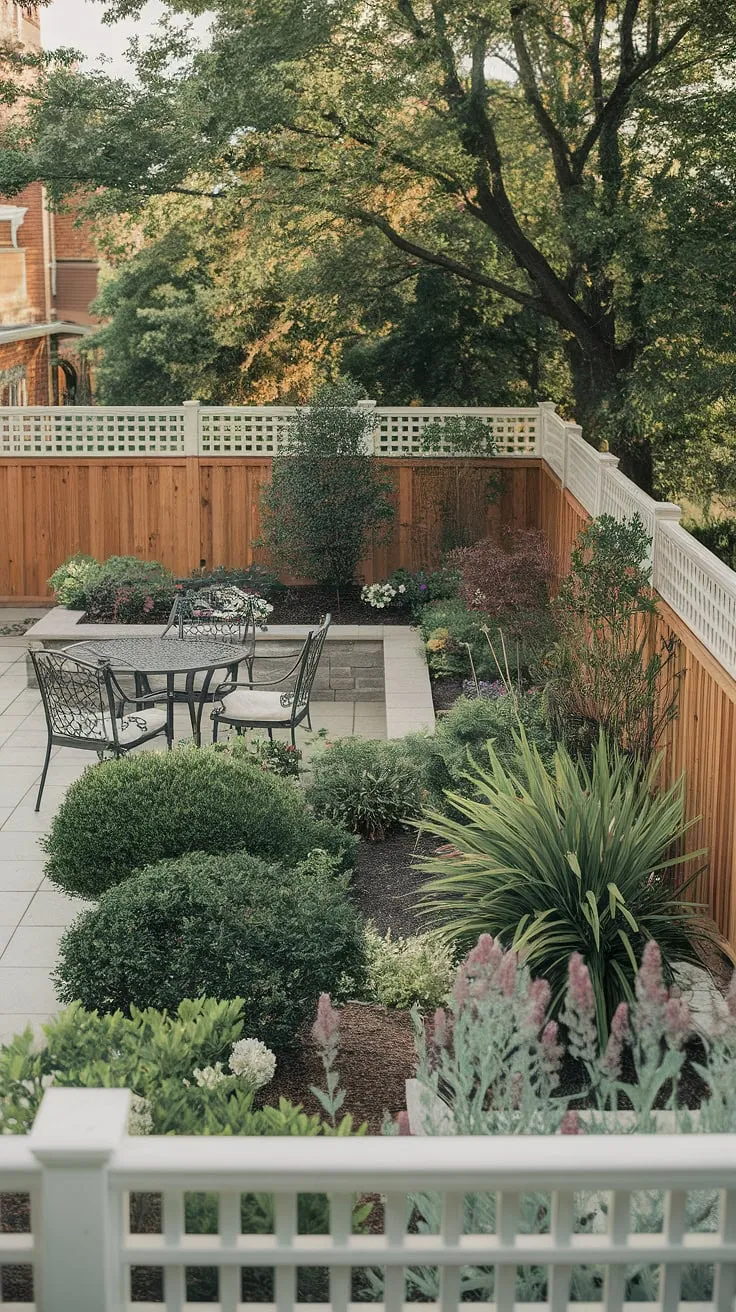 A well-maintained backyard, enclosed by a white fence, showcases a tranquil outdoor living space