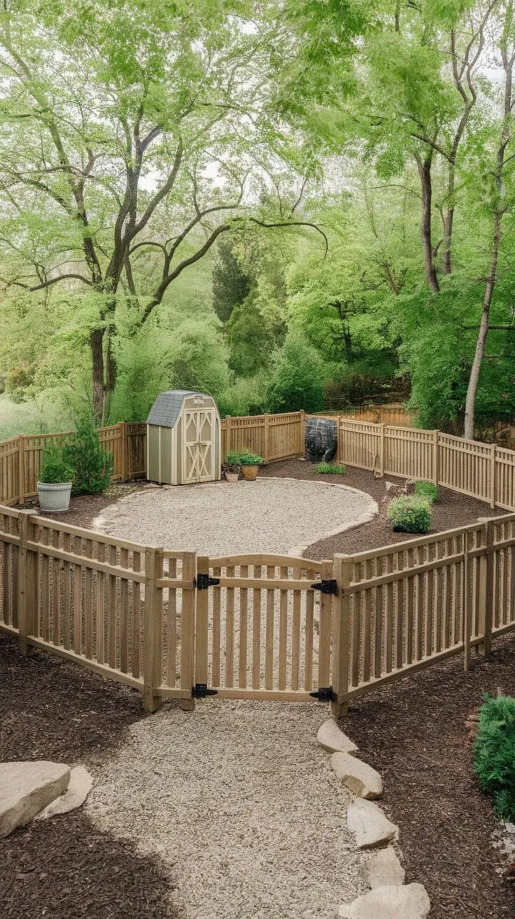 A tranquil backyard scene features a gravel path, wooden fence, and shed nestled amongst verdant trees