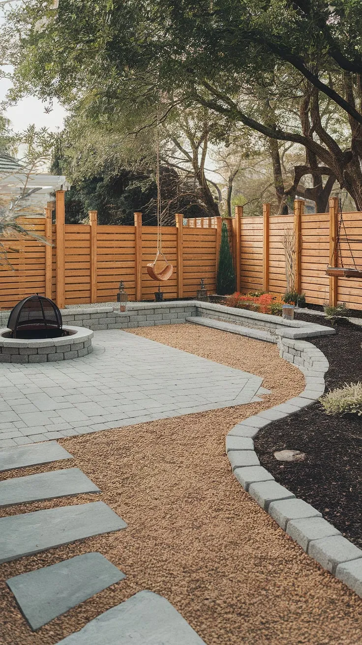 A peaceful backyard features a paved patio, fire pit, and swing set, all complemented by a wooden fence and natural surroundings.
