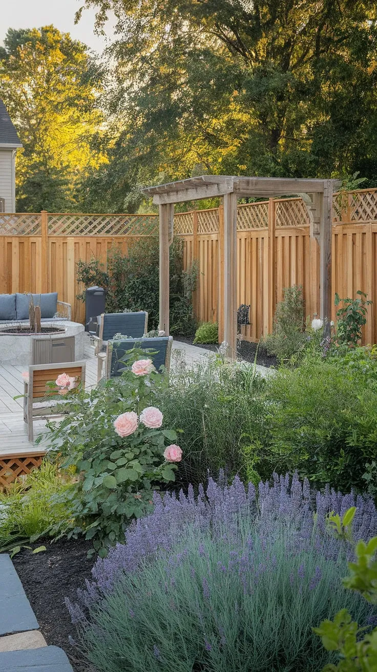 A charming backyard, complete with wooden fence, deck, pergola, fire pit, and flourishing garden, offers a peaceful retreat.