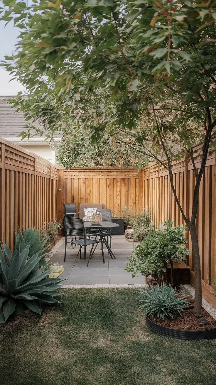 A small, fenced backyard offers a peaceful patio retreat near a home