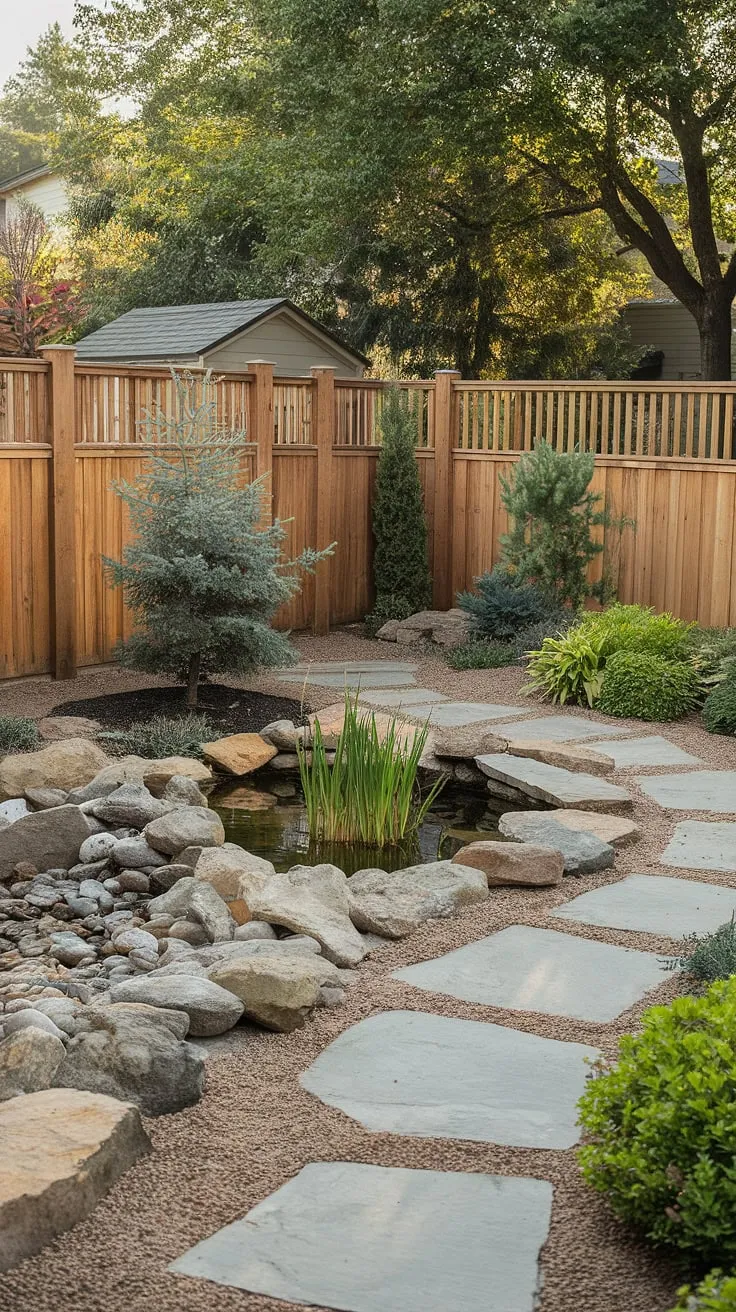 Elegant landscaping enhances a home's exterior with a pond, pathway, and varied plantings