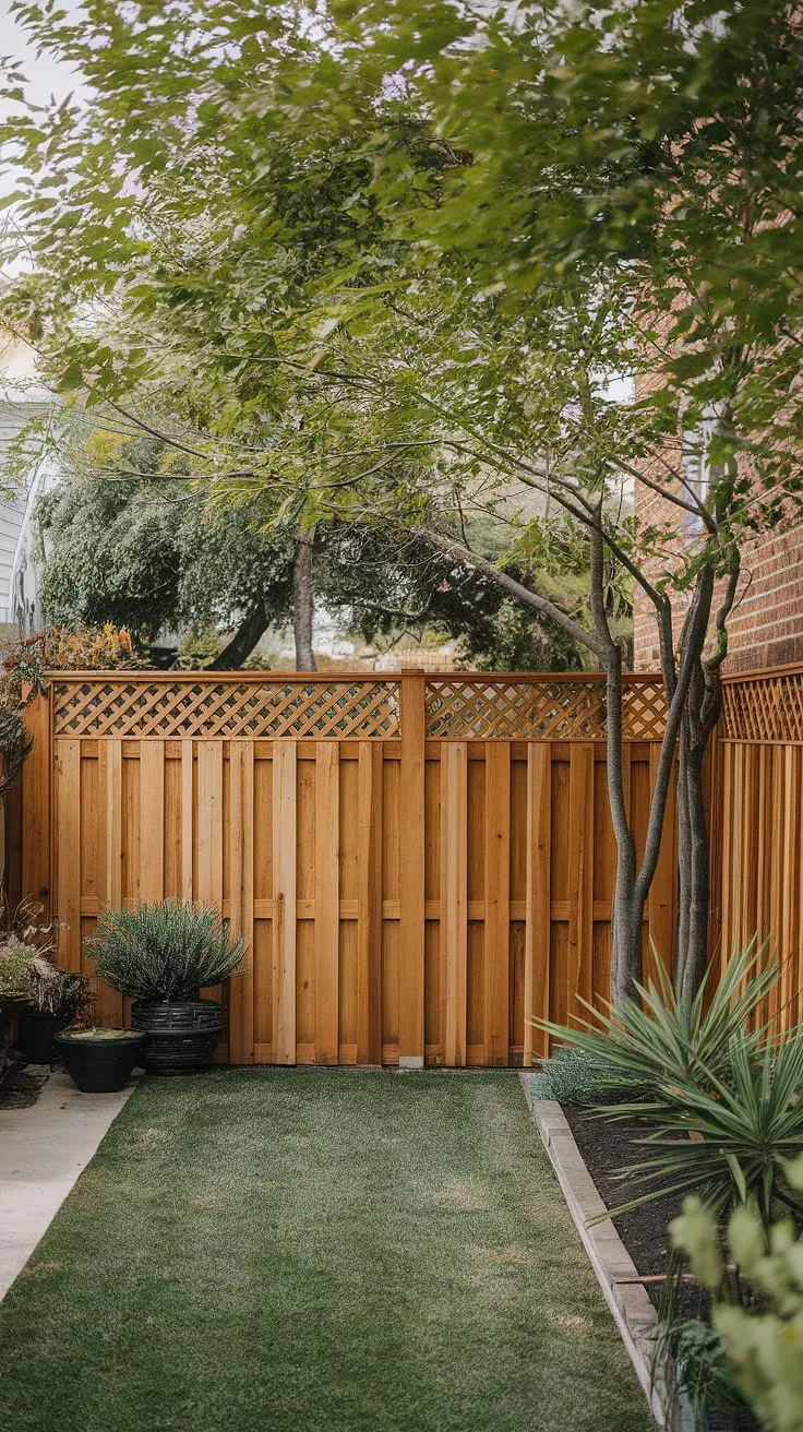 The image portrays a typical suburban home's peaceful backyard, featuring a wooden fence and lush vegetation.