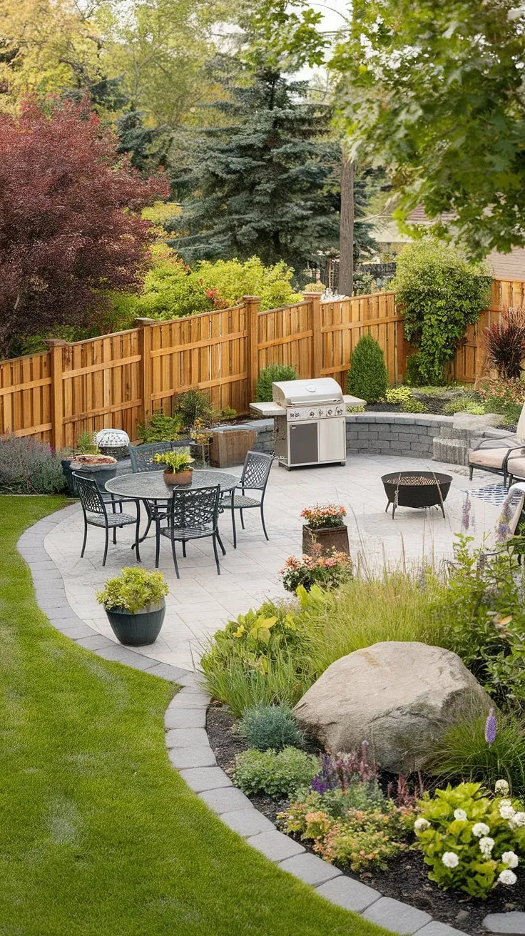 A tranquil backyard oasis features a patio, grill, fire pit, and lush landscaping, perfect for outdoor enjoyment