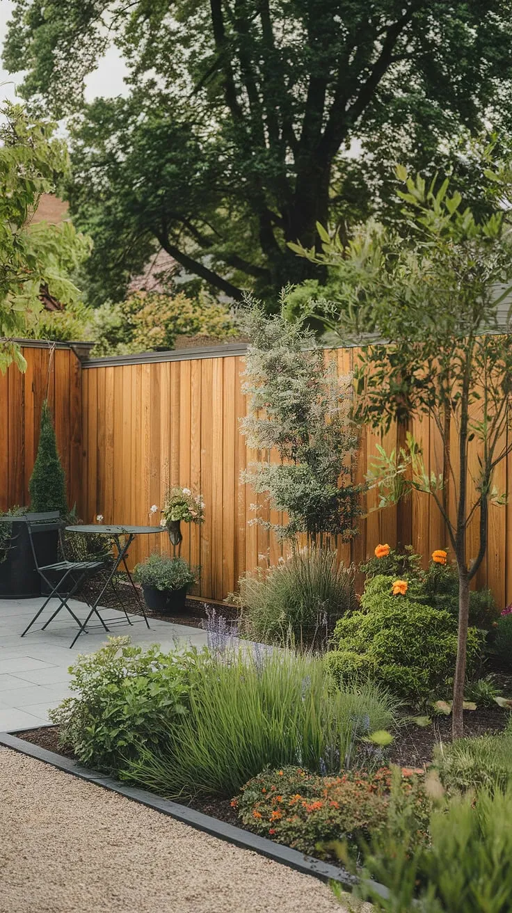 Wooden fencing encloses a lush garden and patio area, offering a private outdoor sanctuary.