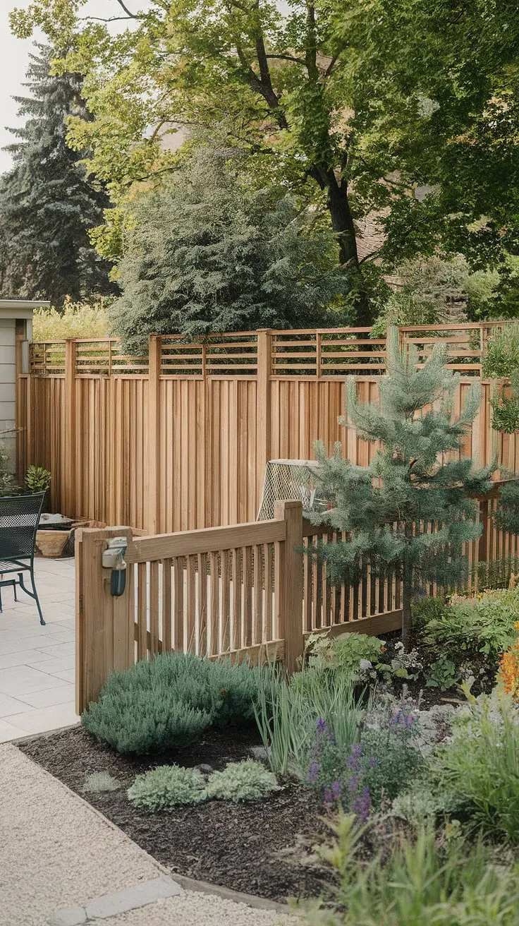 A tranquil backyard oasis features a wooden fence, flourishing garden, and inviting patio area